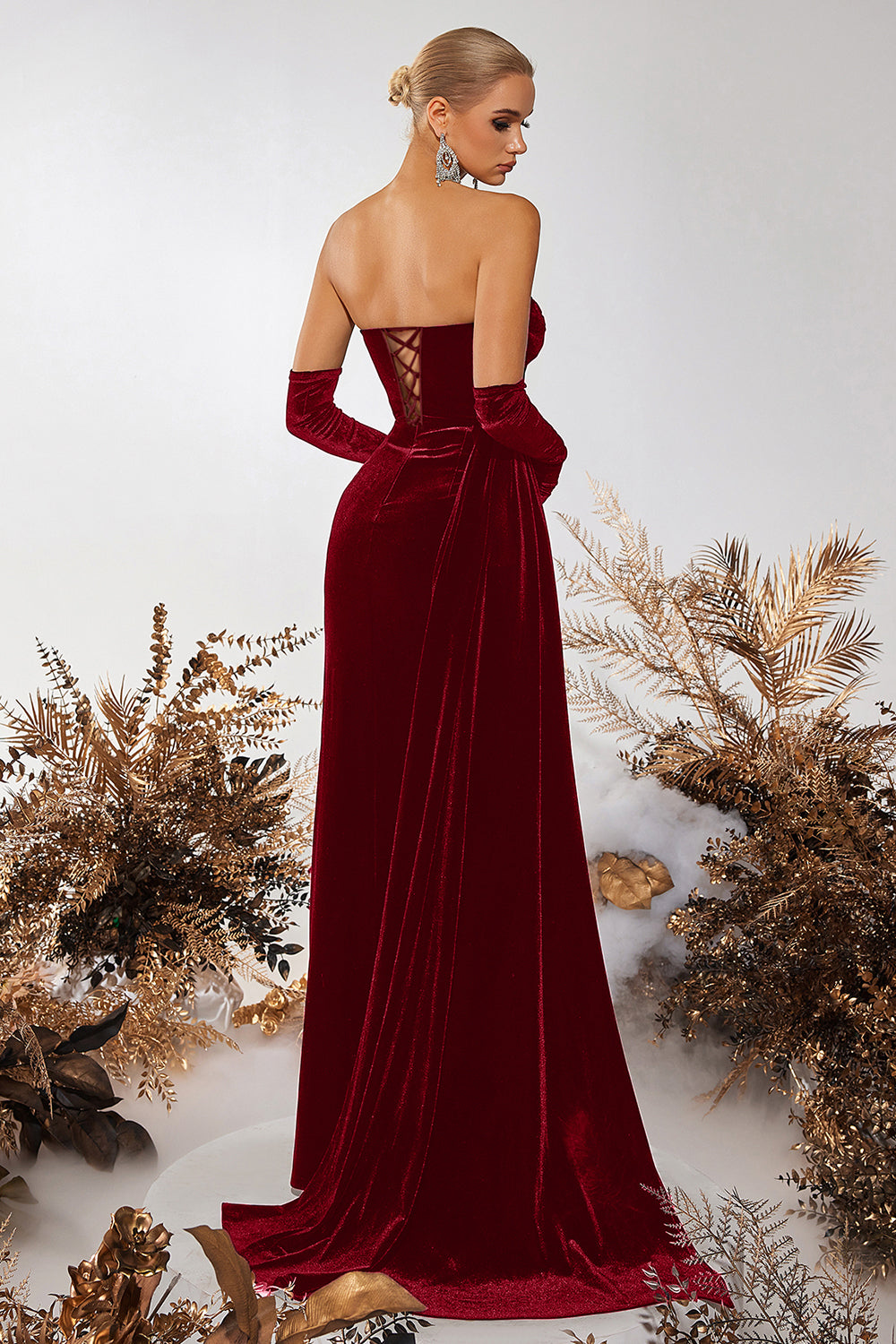 Black Velvet Sheath Strapless Ruched Long Corset Prom Dress with Slit