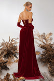 Black Velvet Sheath Strapless Ruched Long Corset Prom Dress with Slit