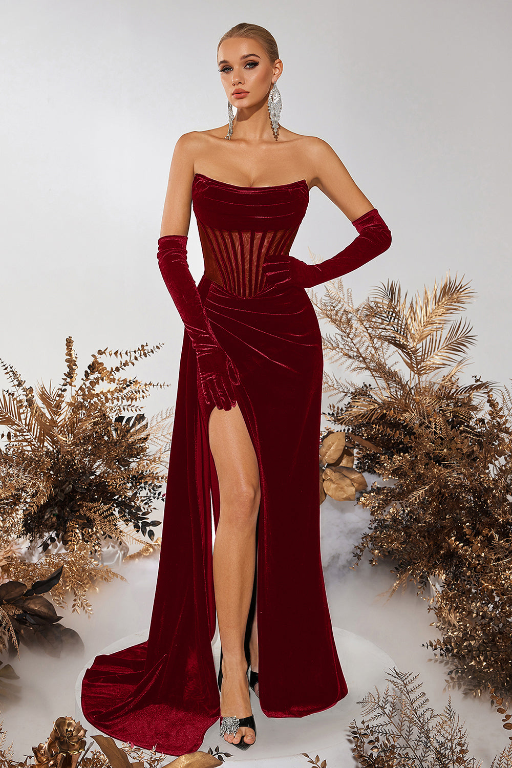 Black Velvet Sheath Strapless Ruched Long Corset Prom Dress with Slit