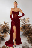 Black Velvet Sheath Strapless Ruched Long Corset Prom Dress with Slit