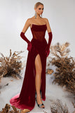 Black Velvet Sheath Strapless Ruched Long Corset Prom Dress with Slit