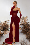 Black Velvet Sheath Strapless Ruched Long Corset Prom Dress with Slit