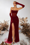 Black Velvet Sheath Strapless Ruched Long Corset Prom Dress with Slit