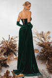 Black Velvet Sheath Strapless Ruched Long Corset Prom Dress with Slit