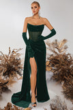 Black Velvet Sheath Strapless Ruched Long Corset Prom Dress with Slit