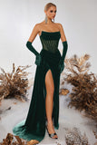 Black Velvet Sheath Strapless Ruched Long Corset Prom Dress with Slit