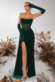 Black Velvet Sheath Strapless Ruched Long Corset Prom Dress with Slit