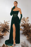 Black Velvet Sheath Strapless Ruched Long Corset Prom Dress with Slit