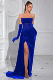 Black Velvet Sheath Strapless Ruched Long Corset Prom Dress with Slit