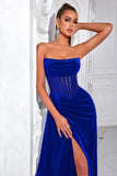 Black Velvet Sheath Strapless Ruched Long Corset Prom Dress with Slit