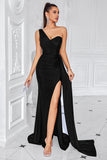 Black Mermaid One Shoulder Ruched Long Prom Dress with Slit