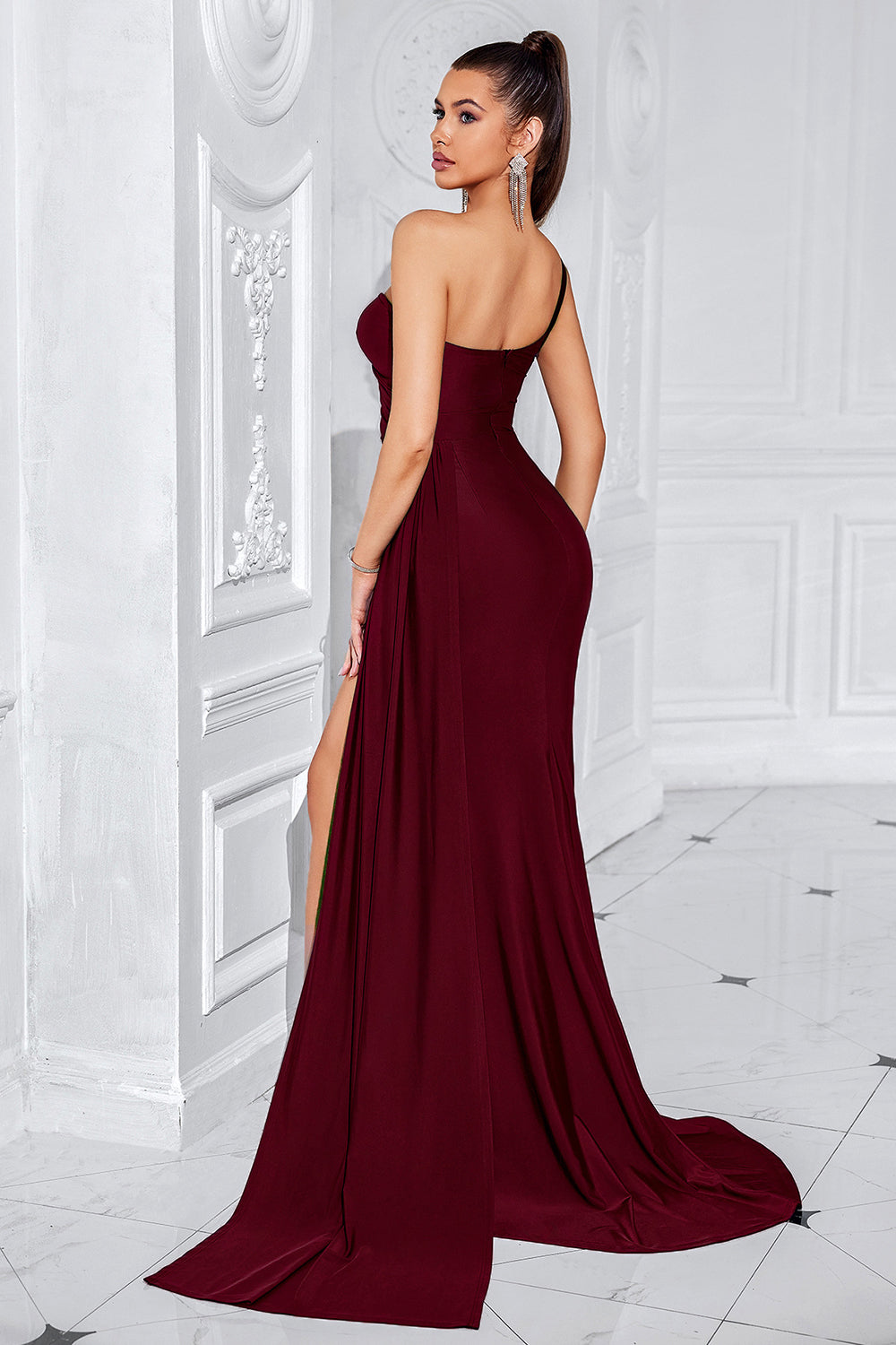 Black Mermaid One Shoulder Ruched Long Prom Dress with Slit