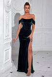 Dark Green Mermaid Velvet Off The Shoulder Long Corset Prom Dress with Slit