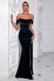 Dark Green Mermaid Velvet Off The Shoulder Long Corset Prom Dress with Slit