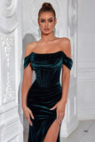 Dark Green Mermaid Velvet Off The Shoulder Long Corset Prom Dress with Slit