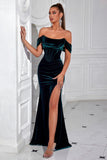 Dark Green Mermaid Velvet Off The Shoulder Long Corset Prom Dress with Slit
