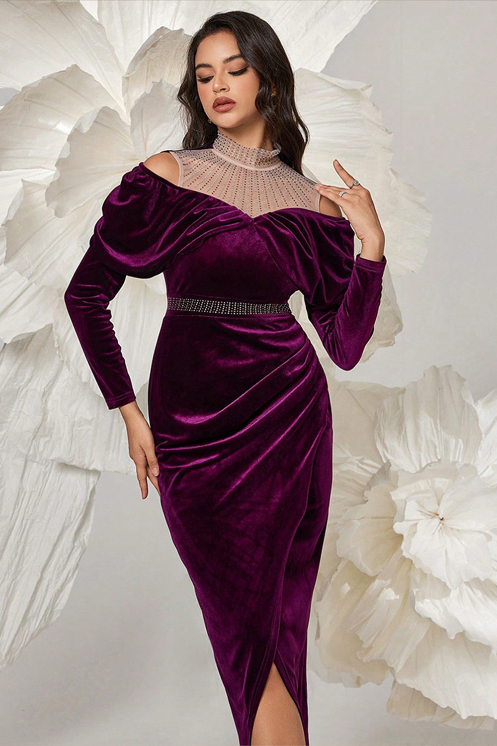 Dark Purple Velvet Bodycon High Neck Ruched Long Sleeves Prom Dress