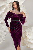 Dark Purple Velvet Bodycon High Neck Ruched Long Sleeves Prom Dress