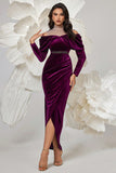 Dark Purple Velvet Bodycon High Neck Ruched Long Sleeves Prom Dress