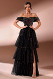 Sparkly Black A Line Tiered Off The Shoulder Long Prom Dress with Slit