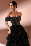 Sparkly Black A Line Tiered Off The Shoulder Long Prom Dress with Slit
