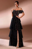 Sparkly Black A Line Tiered Off The Shoulder Long Prom Dress with Slit