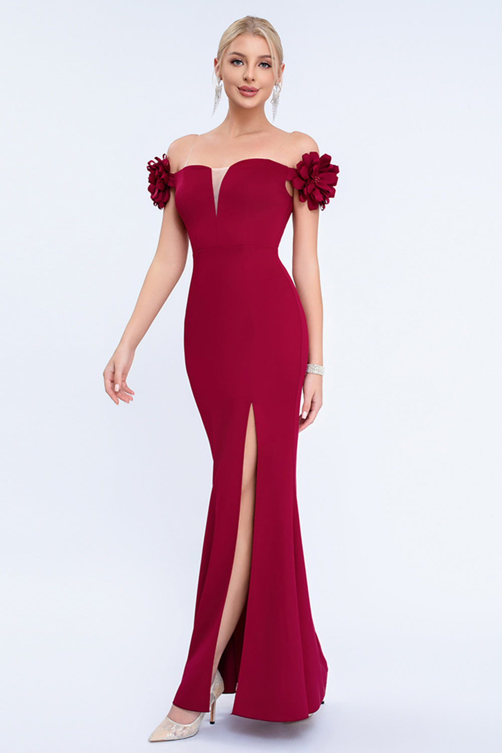 Blush Mermaid Off The Shoulder Long Prom Dress with 3D Flowers