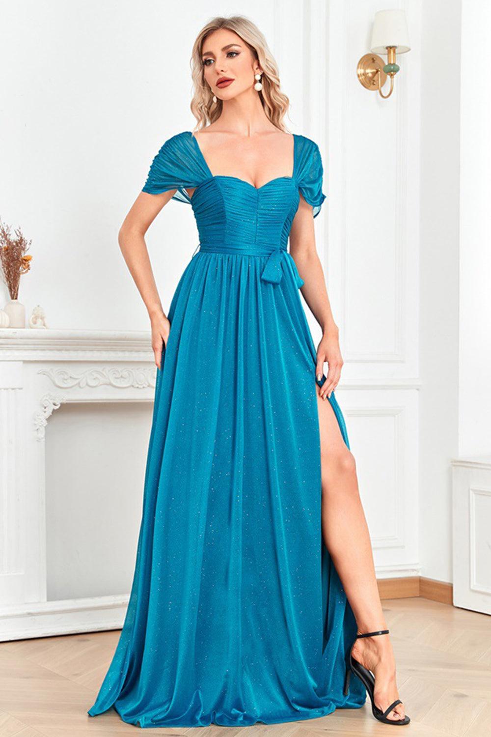 Blue A Line Sweetheart Ruched Sash Long Prom Dress with Slit
