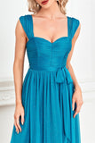 Blue A Line Sweetheart Ruched Sash Long Prom Dress with Slit