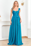 Blue A Line Sweetheart Ruched Sash Long Prom Dress with Slit