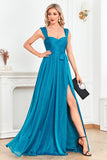 Blue A Line Sweetheart Ruched Sash Long Prom Dress with Slit
