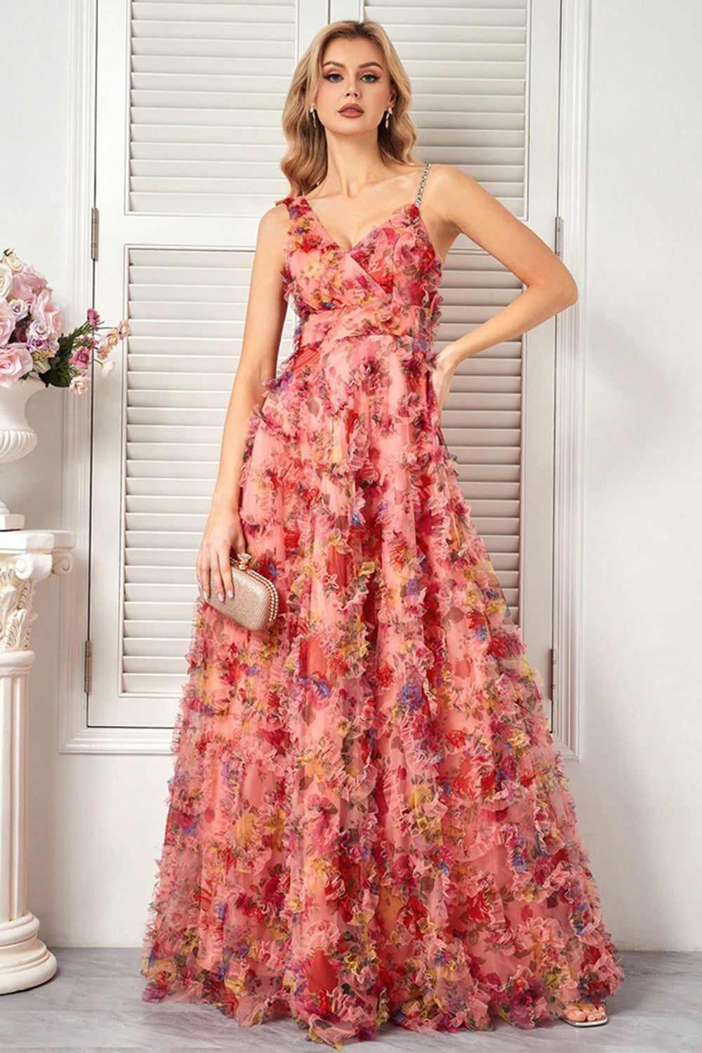 Floral Blush A Line Spaghetti Straps Long Prom Dress with Ruffles