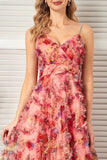 Floral Blush A Line Spaghetti Straps Long Prom Dress with Ruffles