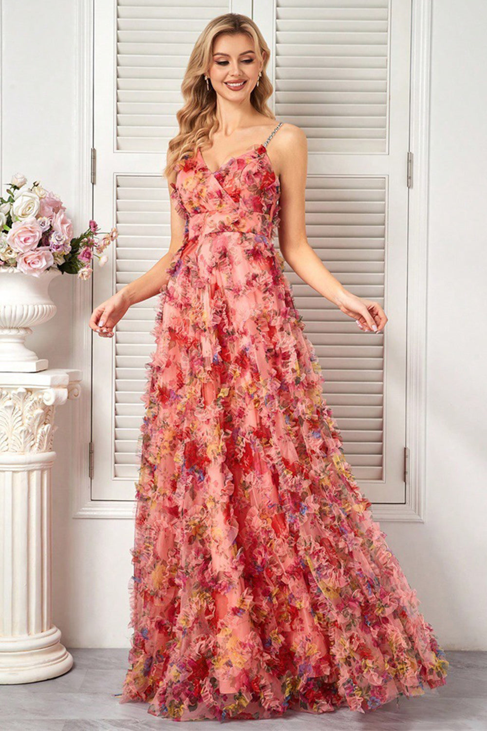 Floral Blush A Line Spaghetti Straps Long Prom Dress with Ruffles