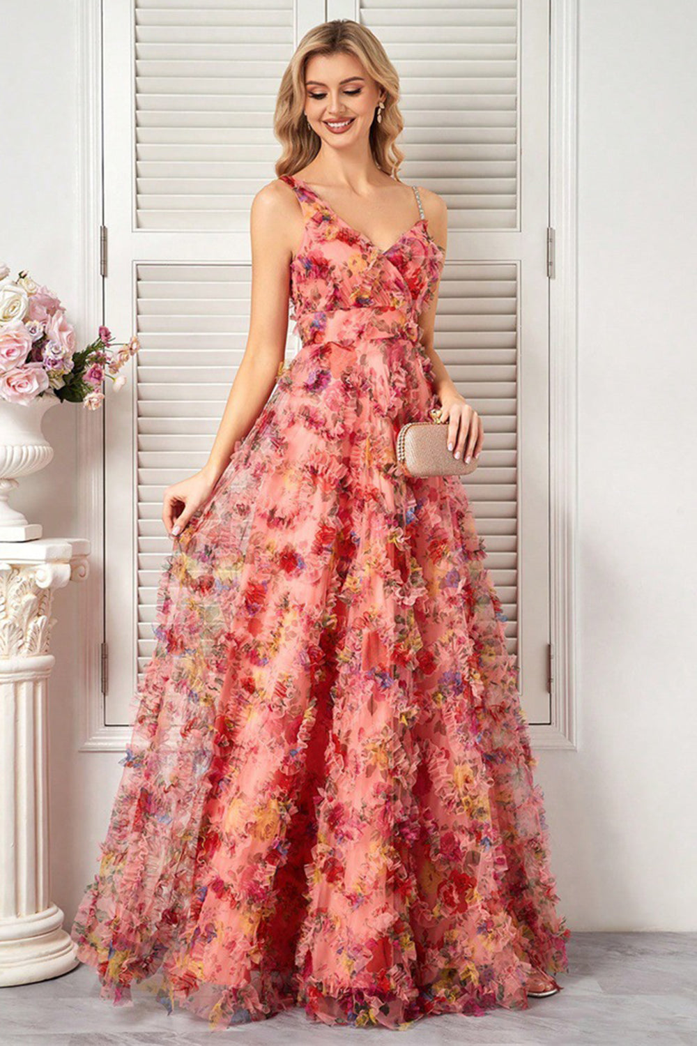 Floral Blush A Line Spaghetti Straps Long Prom Dress with Ruffles