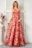 Floral Blush A Line Spaghetti Straps Long Prom Dress with Ruffles