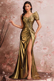 Golden Metallic Mermaid One Shoulder Ruched Long Prom Dress with Slit