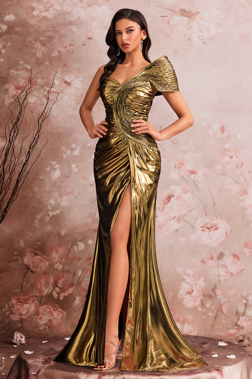 Golden Metallic Mermaid One Shoulder Ruched Long Prom Dress with Slit
