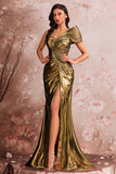 Golden Metallic Mermaid One Shoulder Ruched Long Prom Dress with Slit