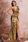 Golden Metallic Mermaid One Shoulder Ruched Long Prom Dress with Slit