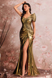 Golden Metallic Mermaid One Shoulder Ruched Long Prom Dress with Slit