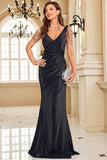 Sparkly Black Mermaid V-Neck Ruched Long Prom Dress with Beading