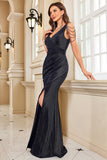 Sparkly Black Mermaid V-Neck Ruched Long Prom Dress with Beading