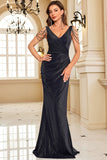 Sparkly Black Mermaid V-Neck Ruched Long Prom Dress with Beading
