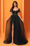 Black A Line Tulle Long Corset Prom Dress with Slit