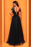 Black A Line Tulle Long Corset Prom Dress with Slit