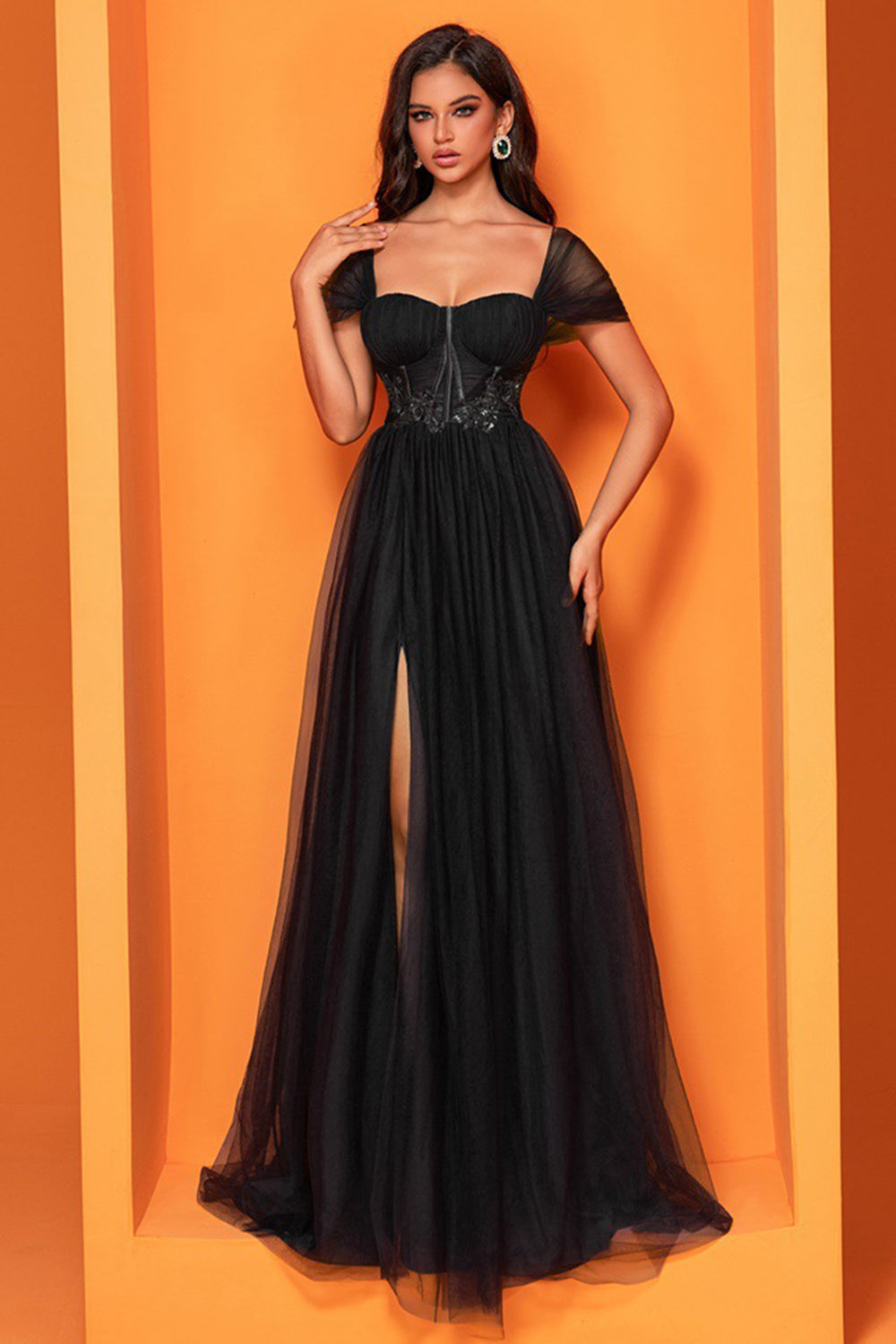 Black A Line Tulle Long Corset Prom Dress with Slit