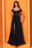 Black A Line Tulle Long Corset Prom Dress with Slit