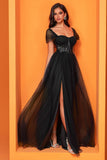 Black A Line Tulle Long Corset Prom Dress with Slit
