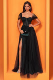 Black A Line Tulle Long Corset Prom Dress with Slit